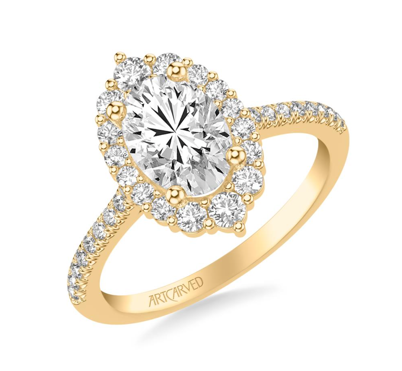 The Alora | 3.07ct Lab-Grown Oval Diamond Engagement Ring with Cathedral Shank & Halo in 14K Yellow Gold