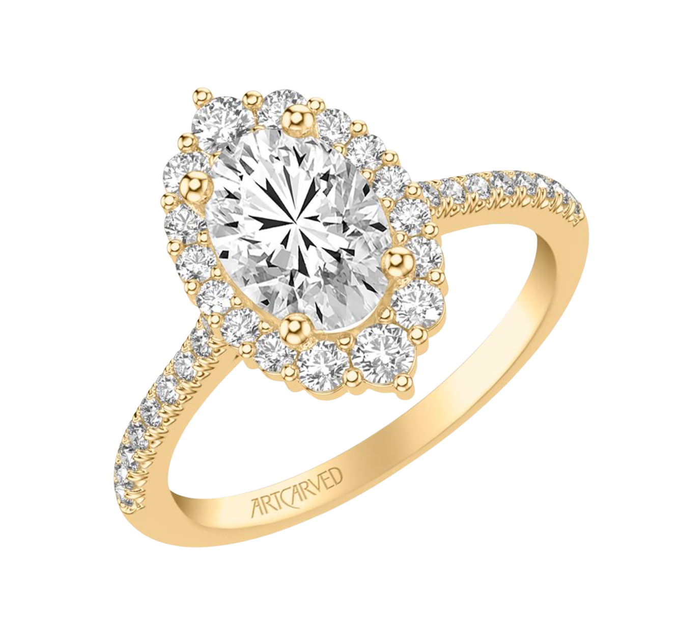 The Alora | 3.07ct Lab-Grown Oval Diamond Engagement Ring with Cathedral Shank & Halo in 14K Yellow Gold