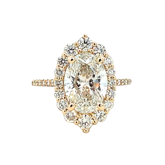 The Alora | 3.07ct Lab-Grown Oval Diamond Engagement Ring with Cathedral Shank & Halo in 14K Yellow Gold