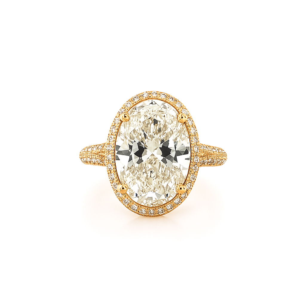 The Aurelia | 5.02ct Lab-Grown Oval Diamond Engagement Ring with Halo & Two Sided Pavé in 14K Yellow Gold