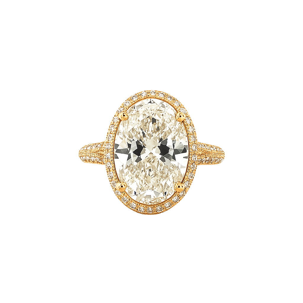 The Aurelia | 5.02ct Lab-Grown Oval Diamond Engagement Ring with Halo & Two Sided Pavé in 14K Yellow Gold