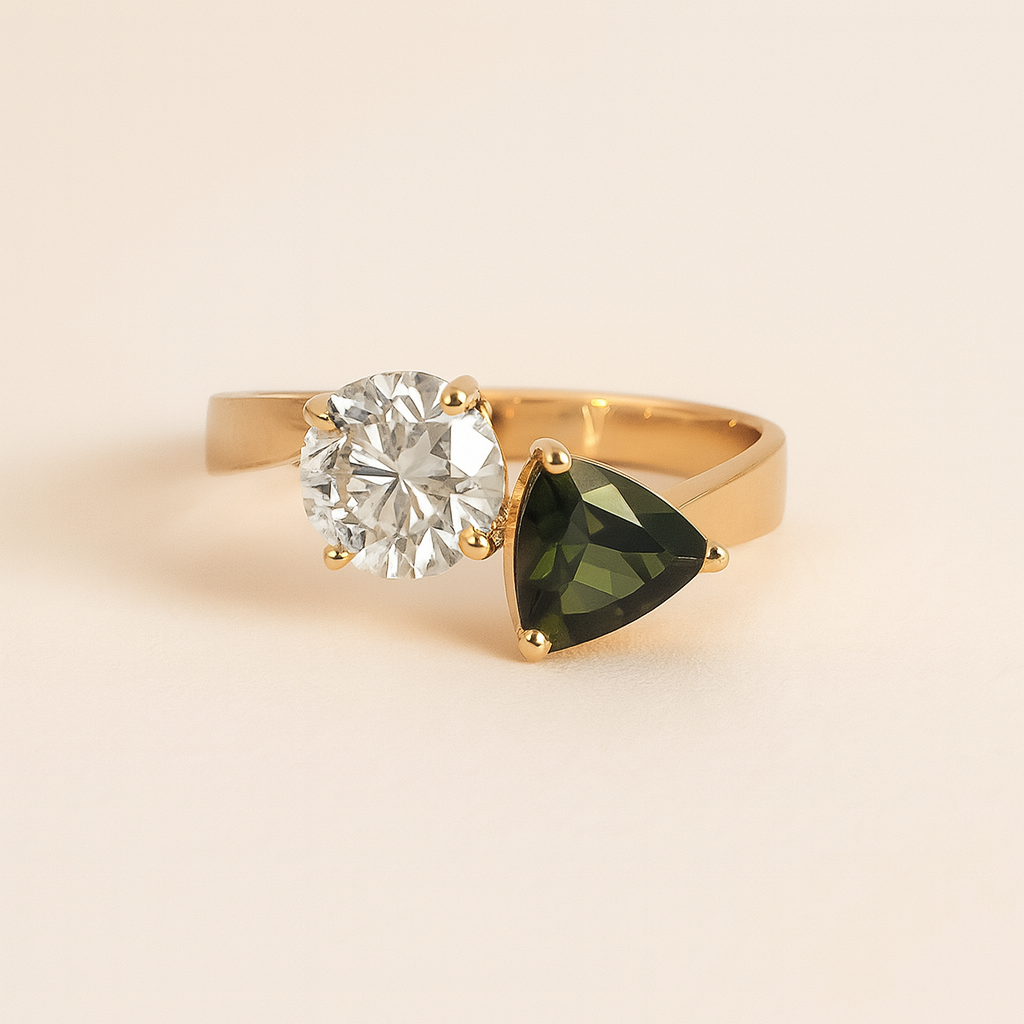 The Calyx | 1.50ct Lab-Grown Round Diamond & Trillion Green Diopside Two-Stone Engagement Ring in 14K Yellow Gold