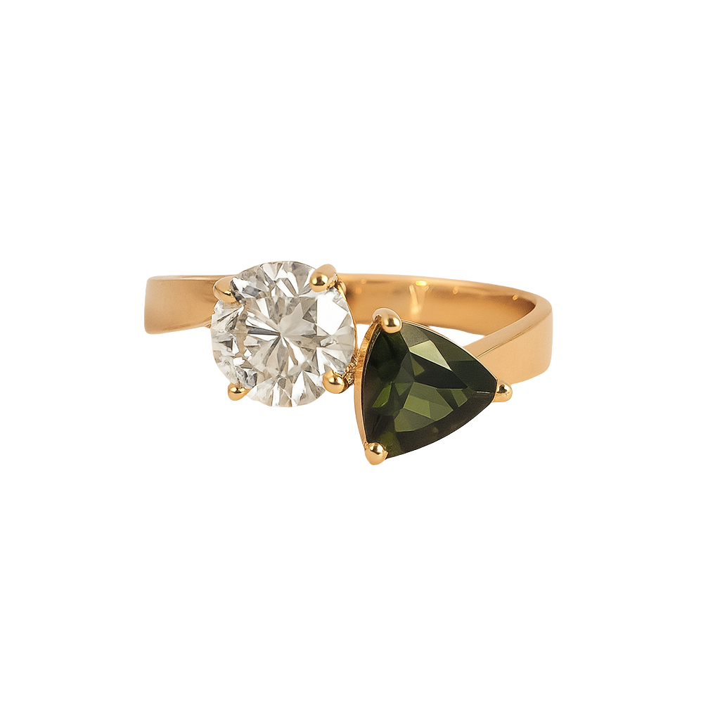 The Calyx | 1.50ct Lab-Grown Round Diamond & Trillion Green Diopside Two-Stone Engagement Ring in 14K Yellow Gold