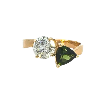 The Calyx | 1.50ct Lab-Grown Round Diamond & Trillion Green Diopside Two-Stone Engagement Ring in 14K Yellow Gold