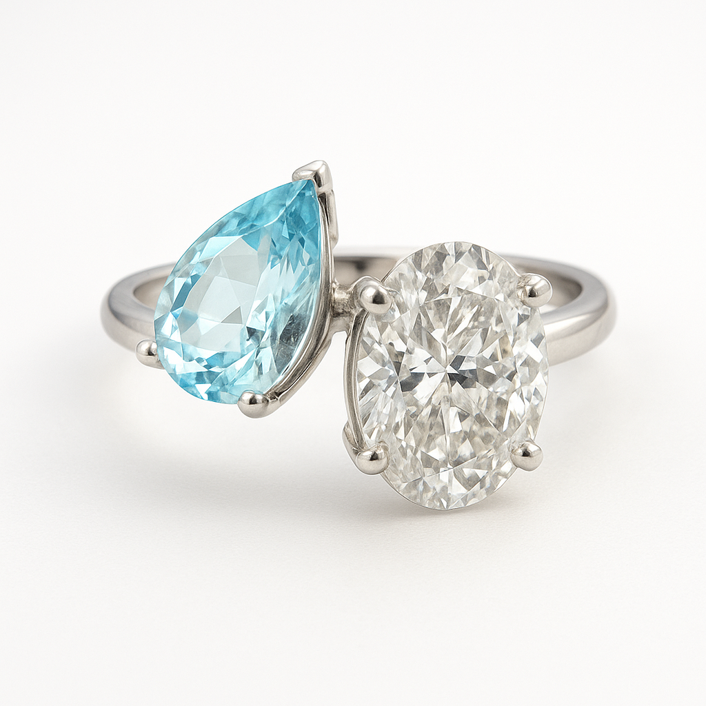 The Isola | 2.00ct Lab-Grown Oval Diamond & 1.00ct Natural Aquamarine Pear Two-Stone Engagement Ring in 14K White Gold