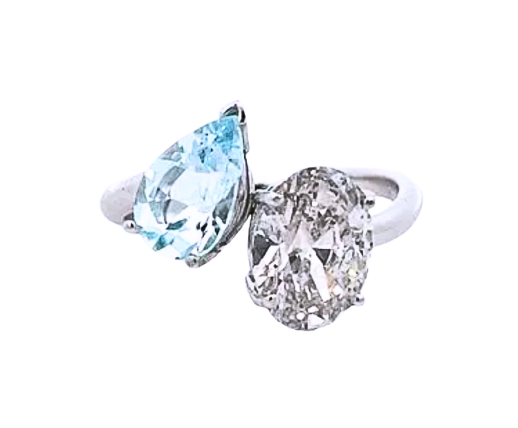 The Isola | 2.00ct Lab-Grown Oval Diamond & 1.00ct Natural Aquamarine Pear Two-Stone Engagement Ring in 14K White Gold