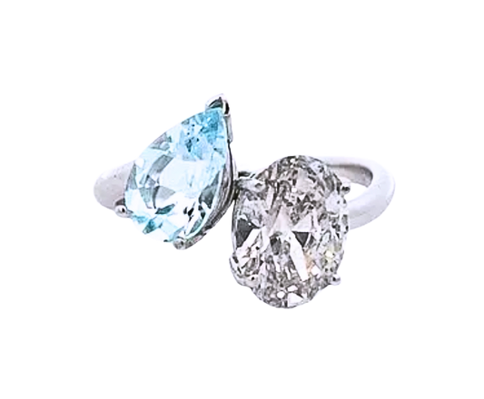 The Isola | 2.00ct Lab-Grown Oval Diamond & 1.00ct Natural Aquamarine Pear Two-Stone Engagement Ring in 14K White Gold