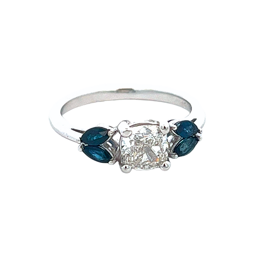 The Lunara | 1.09ct Lab-Grown Cushion Diamond Engagement Ring with Blue Sapphire Marquise Accents in 14K White Gold