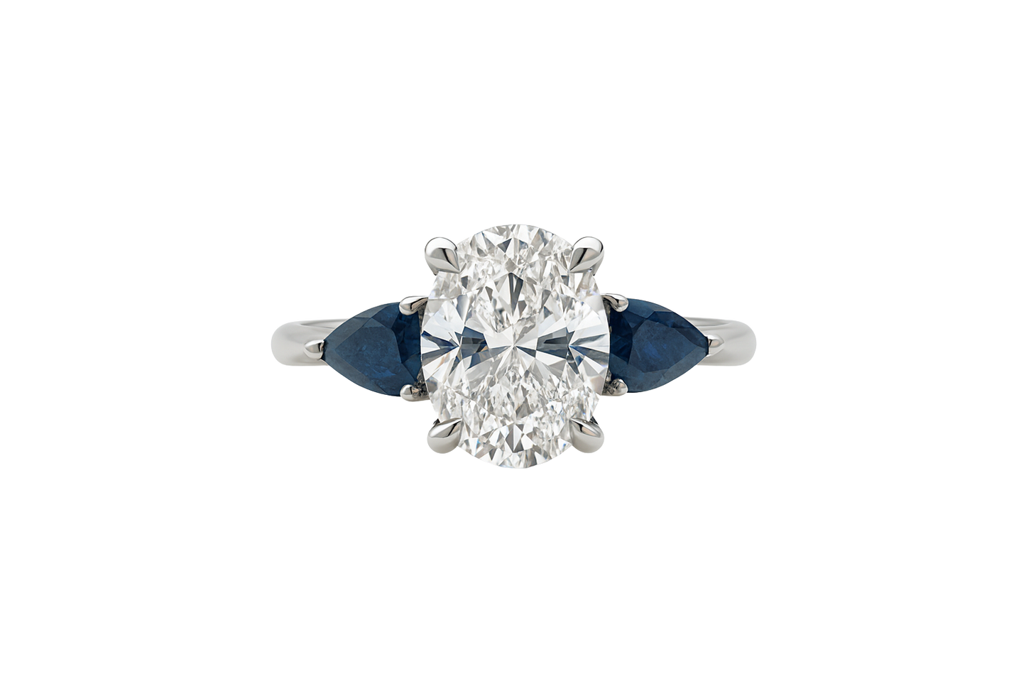 The Lyra | 2.29ct Lab-Grown Oval Diamond Engagement Ring with Natural Pear Blue Sapphire Side Stones in 14K White Gold