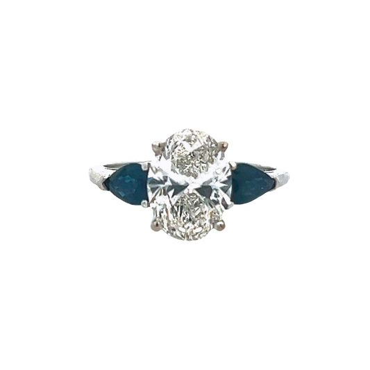 The Lyra | 2.29ct Lab-Grown Oval Diamond Engagement Ring with Natural Pear Blue Sapphire Side Stones in 14K White Gold