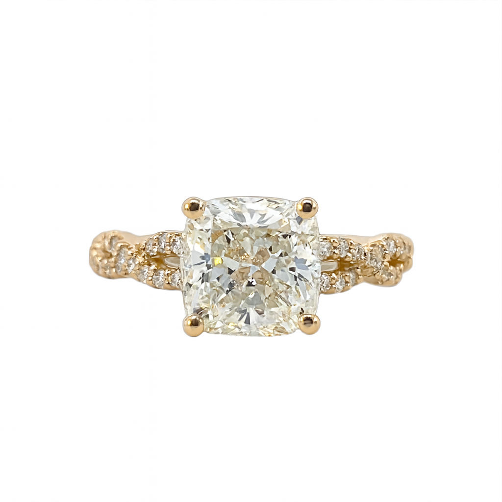The Ondine | 3.00ct Lab-Grown Cushion Diamond Engagement Ring with Diamond Twist Band in 14K Yellow Gold