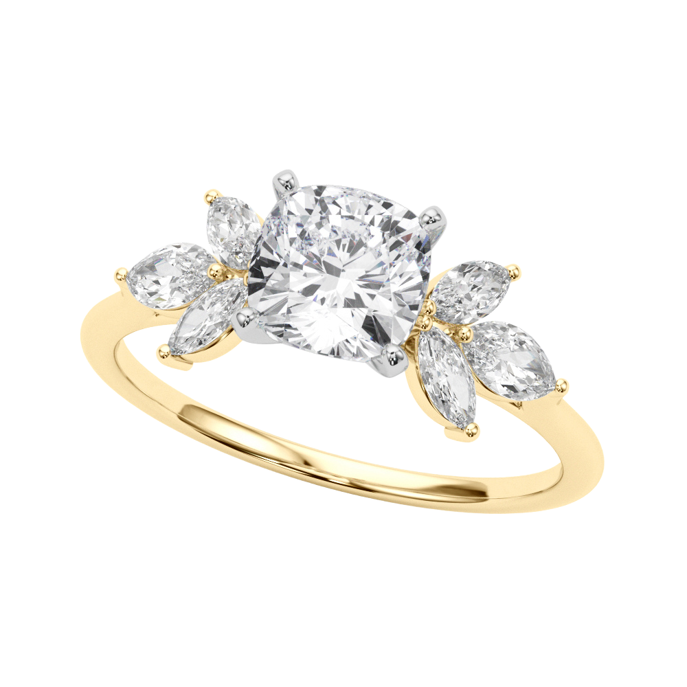 The Valencia | 3.14ct Lab-Grown Cushion Diamond Engagement Ring with Marquise Diamond Accents in 14K Yellow & White Gold