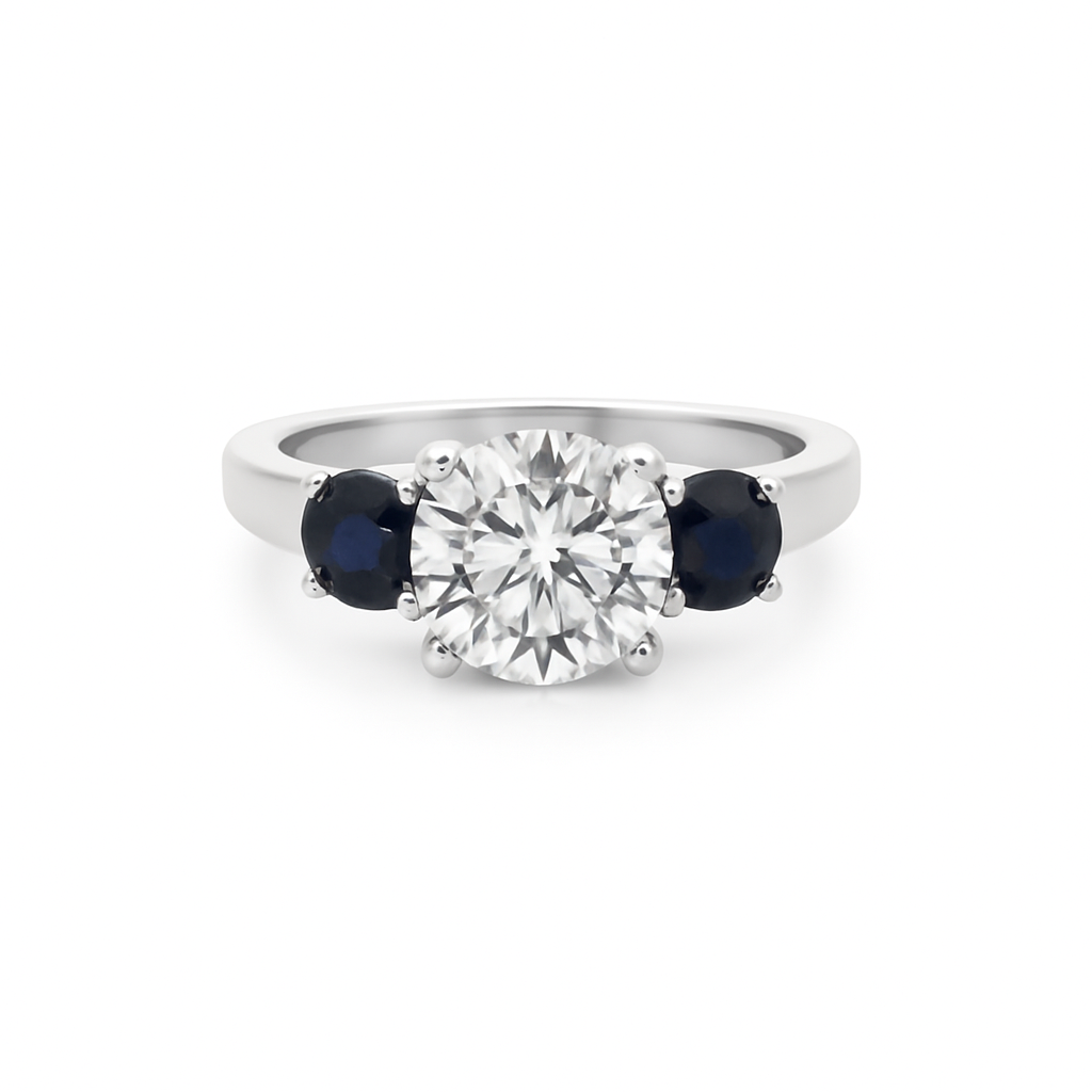 The Vivienne | 1.02ct Natural Round Diamond Engagement Ring with Blue Sapphire & Diamond Accents in 14K White Gold