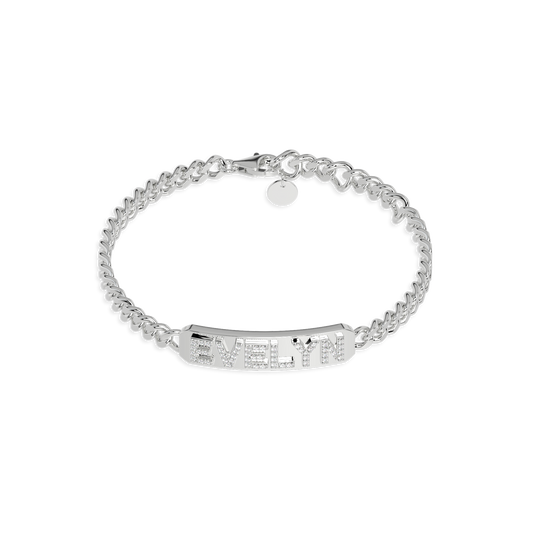 Rhodium Plated Pavé Letter ID Bar Curb Chain Bracelet