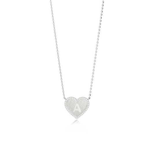 Rhodium Plated Heart Initial Necklace