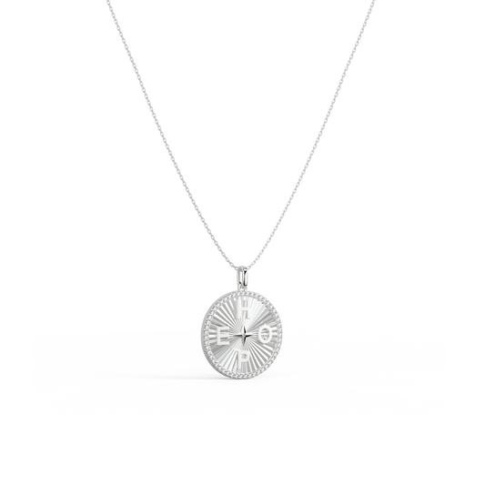 Rhodium Plated Personal Story Medallion Necklace – Lucky Symbol & Engravable(Pleated)