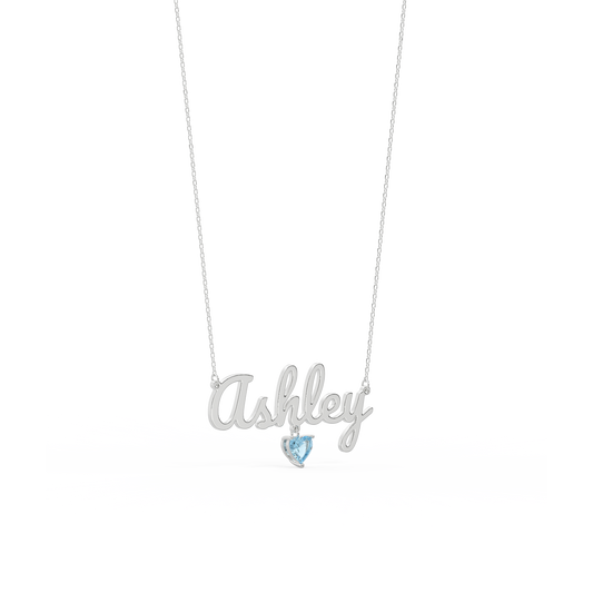 Rhodium Plated Heart Birthstone Name Necklace