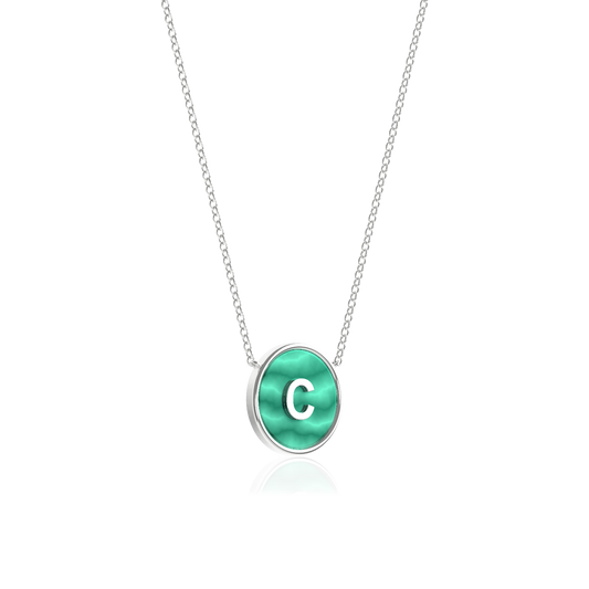 Rhodium Plated Malachite Initial Necklace