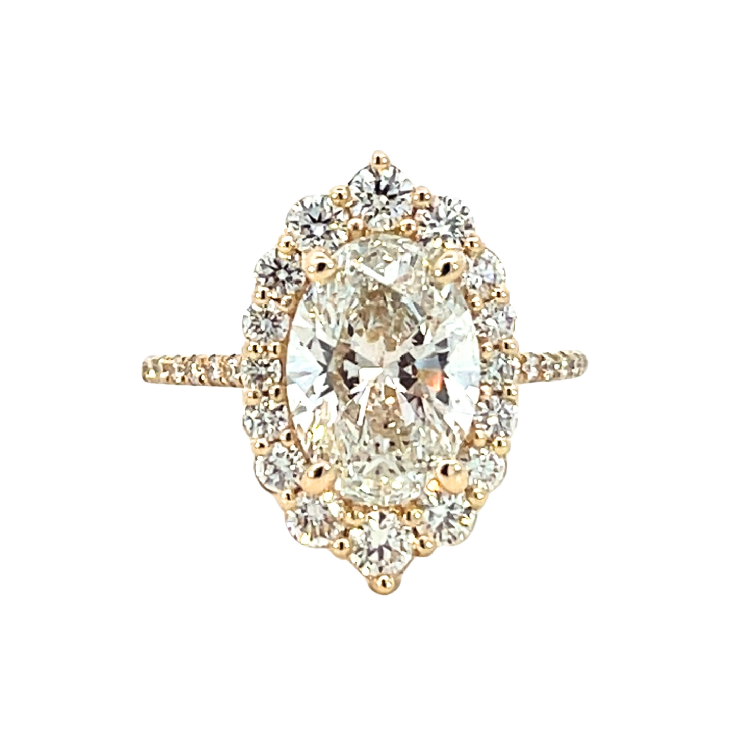 The Alora | 3.07ct Lab-Grown Oval Diamond Engagement Ring with Cathedral Shank & Halo in 14K Yellow Gold