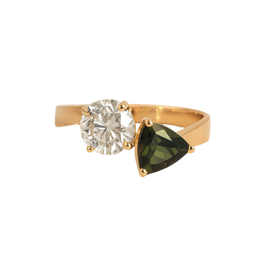 The Calyx | 1.50ct Lab-Grown Round Diamond & Trillion Green Diopside Two-Stone Engagement Ring in 14K Yellow Gold
