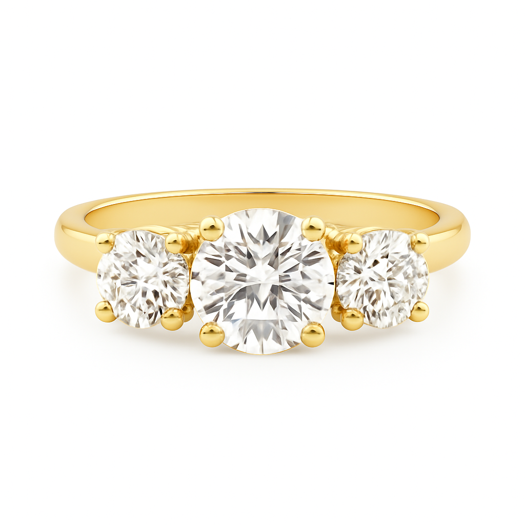 The Eloise | 0.90ct Lab-Grown Round Diamond Three-Stone Engagement Ring in 14K Yellow Gold with Matching Side Stones
