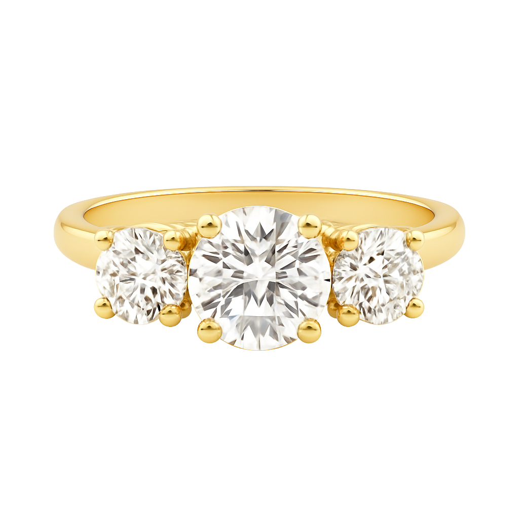 The Eloise | 0.90ct Lab-Grown Round Diamond Three-Stone Engagement Ring in 14K Yellow Gold with Matching Side Stones