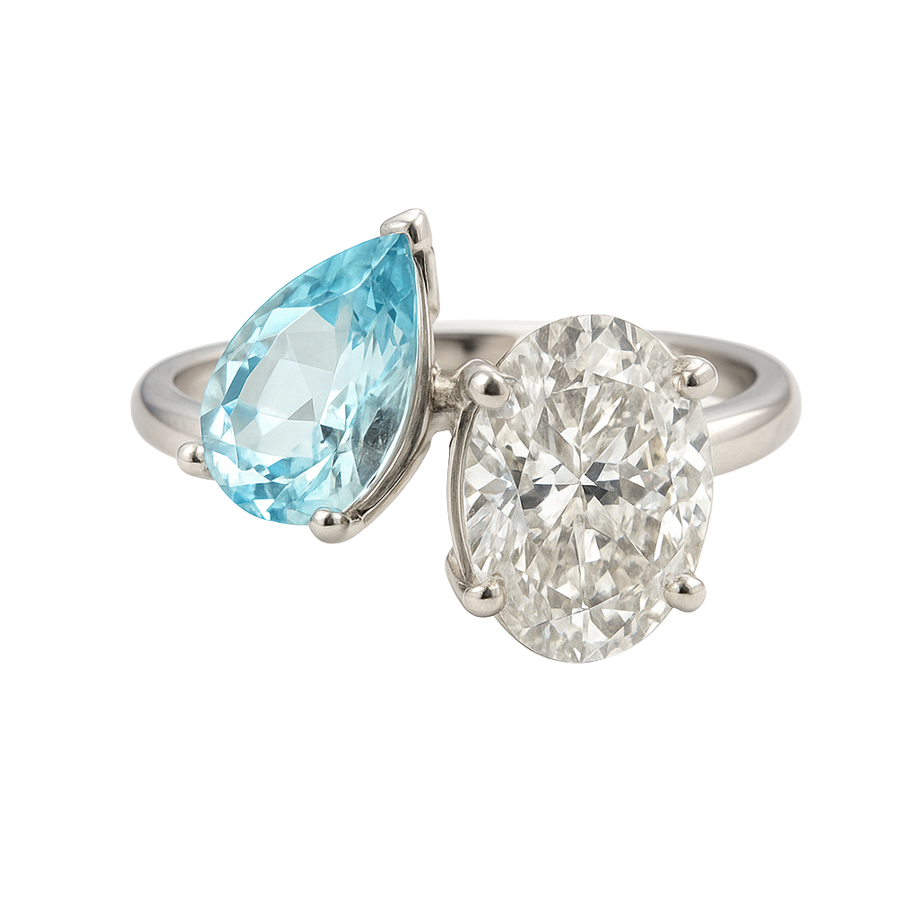 The Isola | 2.00ct Lab-Grown Oval Diamond & 1.00ct Natural Aquamarine Pear Two-Stone Engagement Ring in 14K White Gold