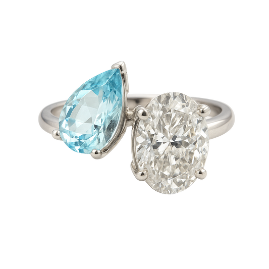 The Isola | 2.00ct Lab-Grown Oval Diamond & 1.00ct Natural Aquamarine Pear Two-Stone Engagement Ring in 14K White Gold