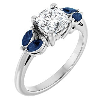 The Lunara | 1.09ct Lab-Grown Cushion Diamond Engagement Ring with Blue Sapphire Marquise Accents in 14K White Gold