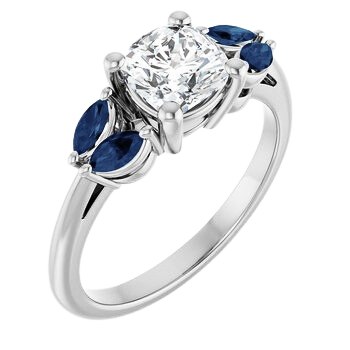 The Lunara | 1.09ct Lab-Grown Cushion Diamond Engagement Ring with Blue Sapphire Marquise Accents in 14K White Gold