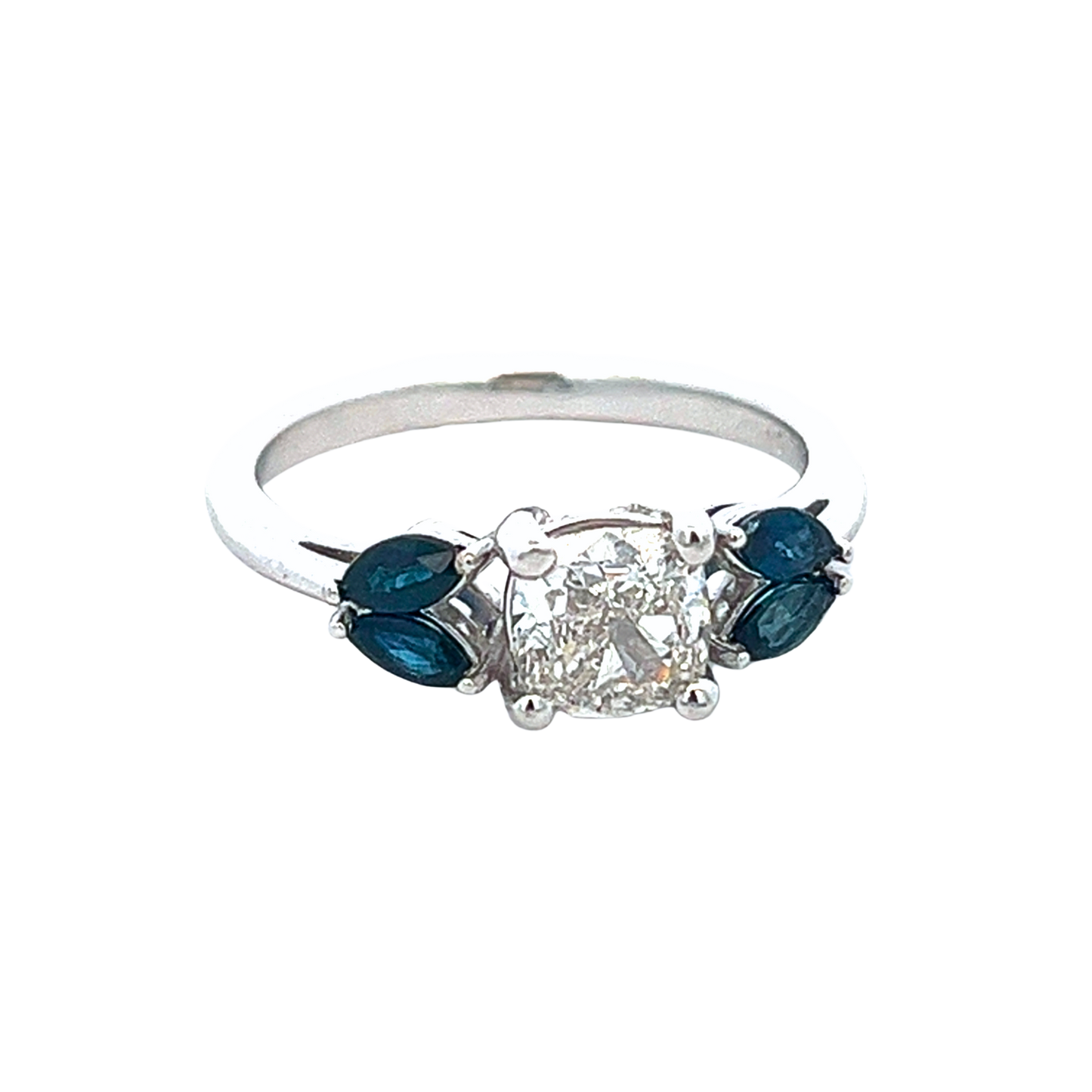 The Lunara | 1.09ct Lab-Grown Cushion Diamond Engagement Ring with Blue Sapphire Marquise Accents in 14K White Gold