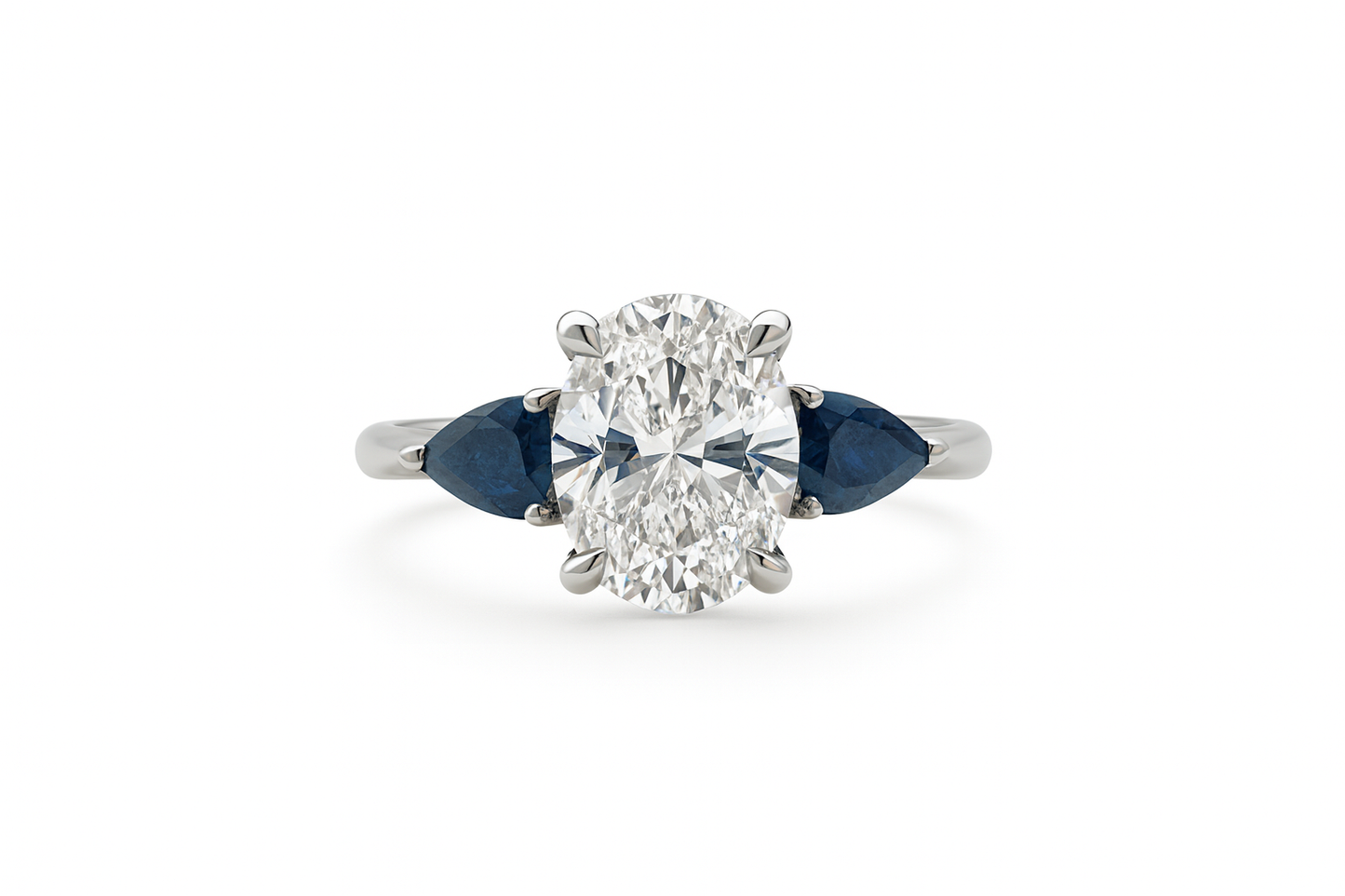 The Lyra | 2.29ct Lab-Grown Oval Diamond Engagement Ring with Natural Pear Blue Sapphire Side Stones in 14K White Gold