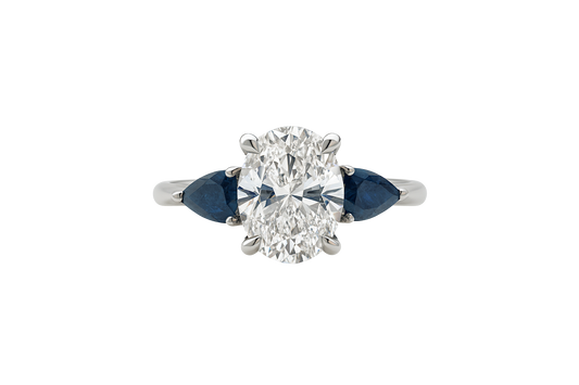 The Lyra | 2.29ct Lab-Grown Oval Diamond Engagement Ring with Natural Pear Blue Sapphire Side Stones in 14K White Gold