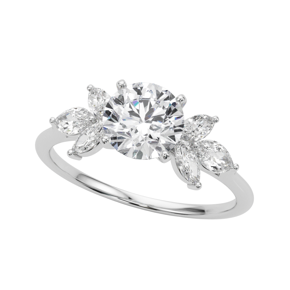 The Mireille | 1.50ct Lab-Grown Round Diamond Engagement Ring with Marquise Mined Diamond Accents in 14K White Gold