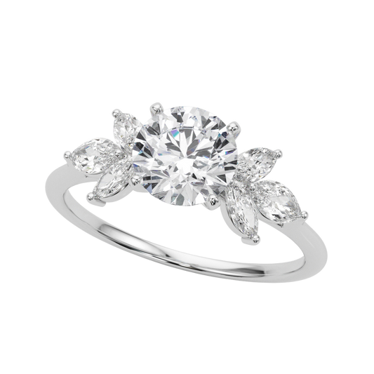 The Mireille | 1.50ct Lab-Grown Round Diamond Engagement Ring with Marquise Mined Diamond Accents in 14K White Gold