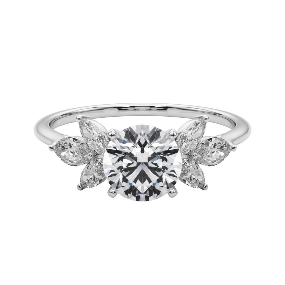 The Mireille | 1.50ct Lab-Grown Round Diamond Engagement Ring with Marquise Mined Diamond Accents in 14K White Gold