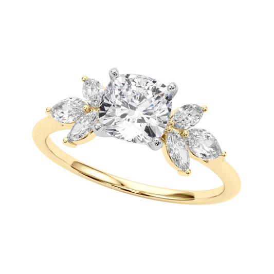 The Valencia | 3.14ct Lab-Grown Cushion Diamond Engagement Ring with Marquise Diamond Accents in 14K Yellow & White Gold