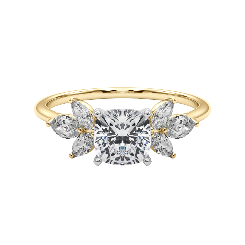 The Valencia | 3.14ct Lab-Grown Cushion Diamond Engagement Ring with Marquise Diamond Accents in 14K Yellow & White Gold