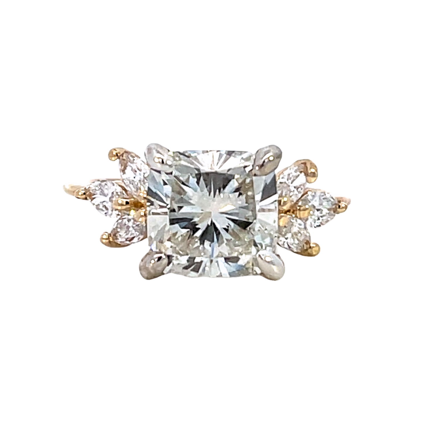 The Valencia | 3.14ct Lab-Grown Cushion Diamond Engagement Ring with Marquise Diamond Accents in 14K Yellow & White Gold