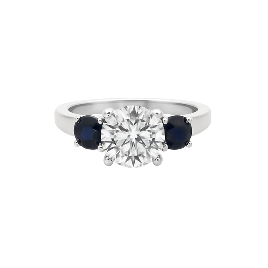 The Vivienne | 1.02ct Natural Round Diamond Engagement Ring with Blue Sapphire & Diamond Accents in 14K White Gold