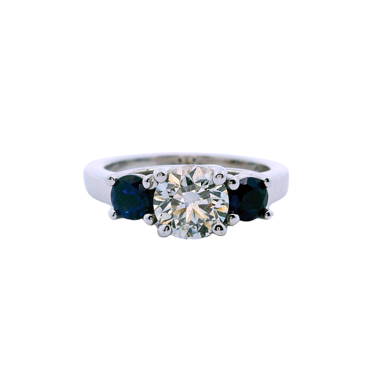 The Vivienne | 1.02ct Natural Round Diamond Engagement Ring with Blue Sapphire & Diamond Accents in 14K White Gold