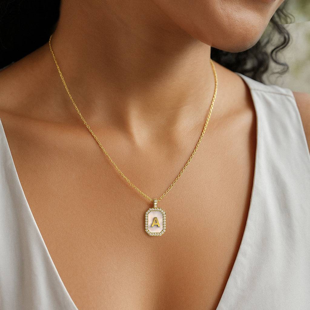 18k Gold Plated Pearl Initial Zodiac & Initial Gemstone Pendant Necklace – Octagon