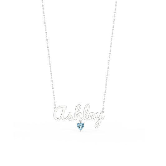 Rhodium Plated Heart Birthstone Name Necklace