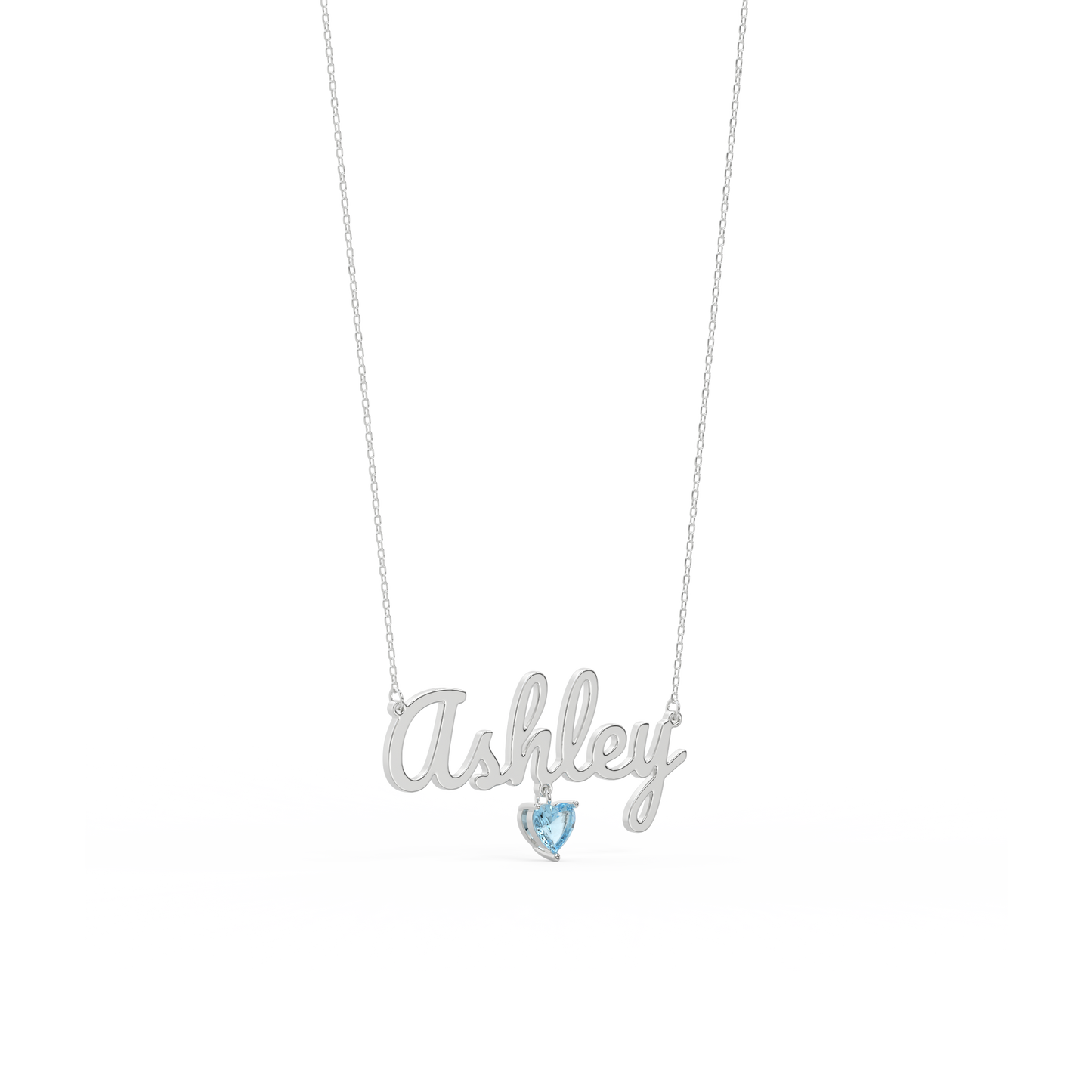 Rhodium Plated Heart Birthstone Name Necklace